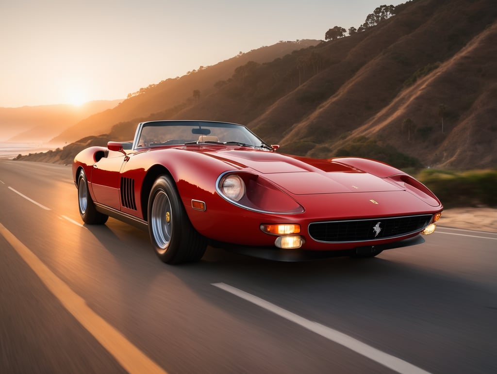 1969 red Ferrari GTO 1984 convertible speeding through Malibu in the sunset