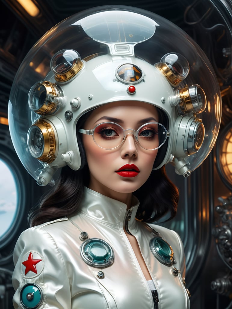 Photography in a vintage sci fi transparent space ship, 60's gorgeous nurse woman in a glossy satin white coat, wearing a large transparent plexiglass mickey mouse helmet glasses, 80 degree view, art by sergio lopez, natalie shau, james jean and salvador dali