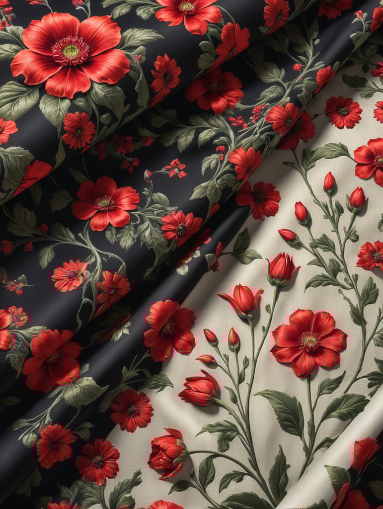 Fabric with printed graphics of red flowers
