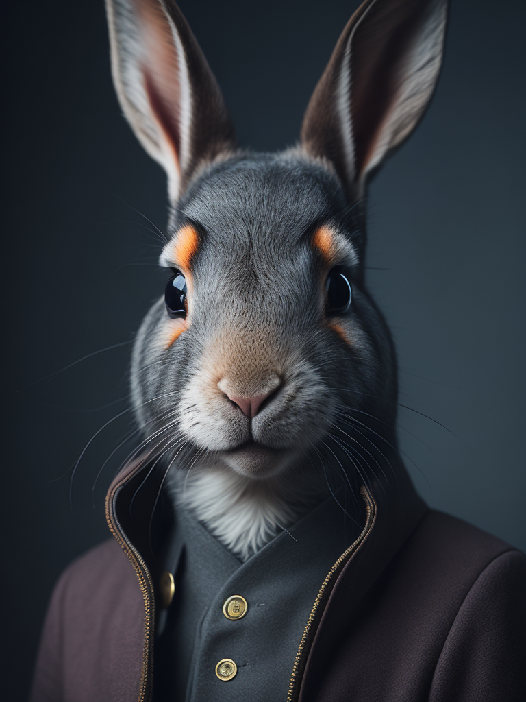 a portrait of a rabbit wearing a ship skin coat, details, focus on details, deep atmosphere, photo realistic