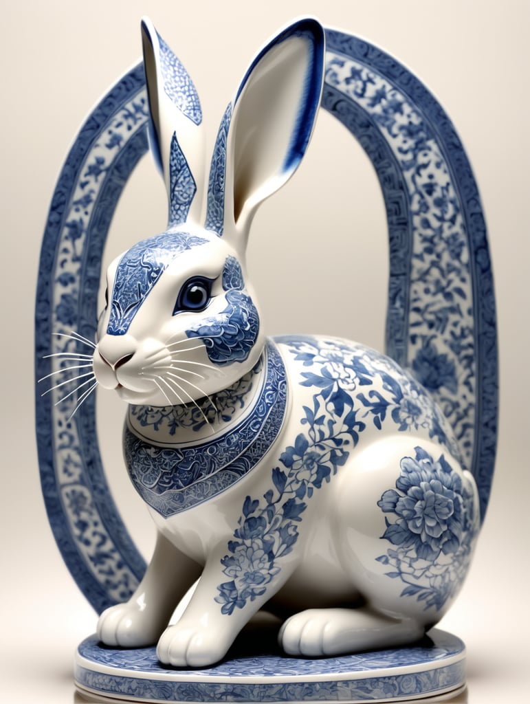 a chinese rabbit made of white ceramic with blue ink, stunning intricate designs, ((geometric and floral patterns, fine art))