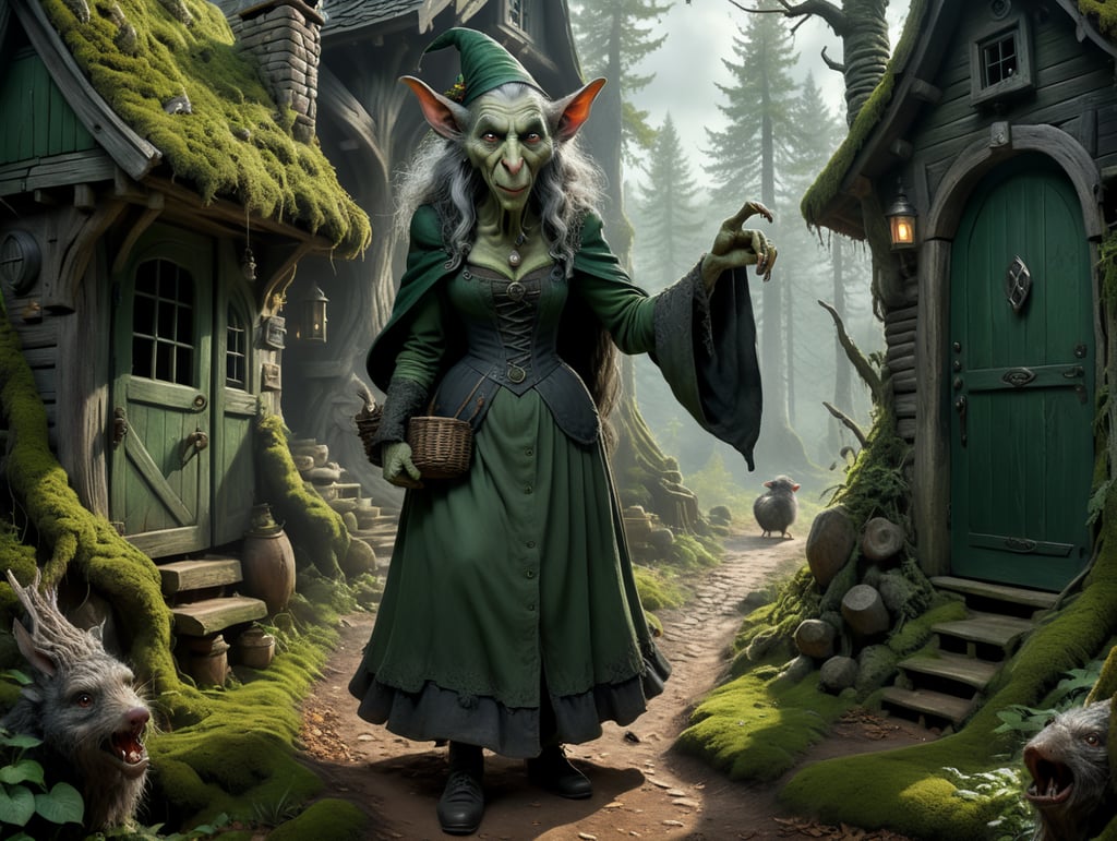 An old witch dressed in dark green, ugly with a big nose and warts, crooked back viewed from the front, grey rat by her feet, standing in the doorway of an old tumbledown cottage in the clearing of a forest. Viewed from the outside.