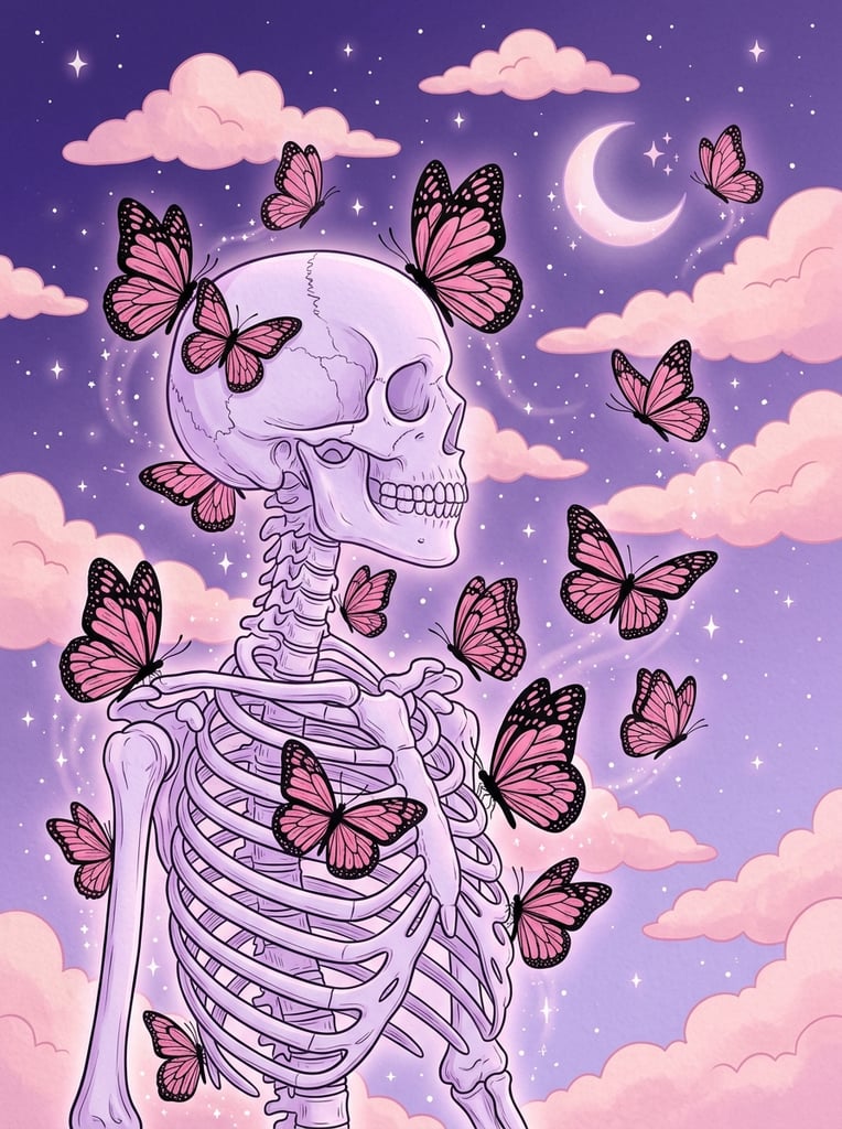 Pale purple human skeleton from chest up facing right, surrounded by large pink butterflies with black wing veins, set against a gradient purple sky, soft pink fluffy clouds, tiny white stars, 2D line art illustration, pastel goth aesthetic, dreamy