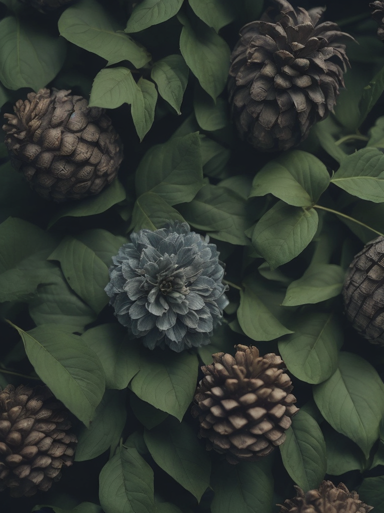 pine cones and pine trees on a bed of green leaves, in the style of video installation, flower patterns, wood sculptor, warmcore, intricate floral arrangements, duckcore, hypnotic symmetry