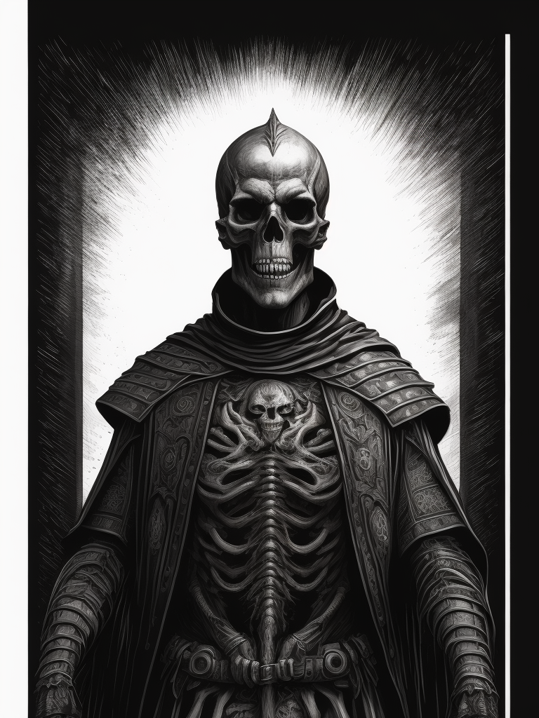 A black and white ink illustration of a scary skeleton pope, very detailed, cross hatching, gig poster, dark art