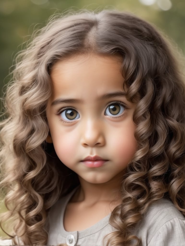 a Small Girl with Long Curly Hair, Big Eyes, Small Nose, and Small Mouth