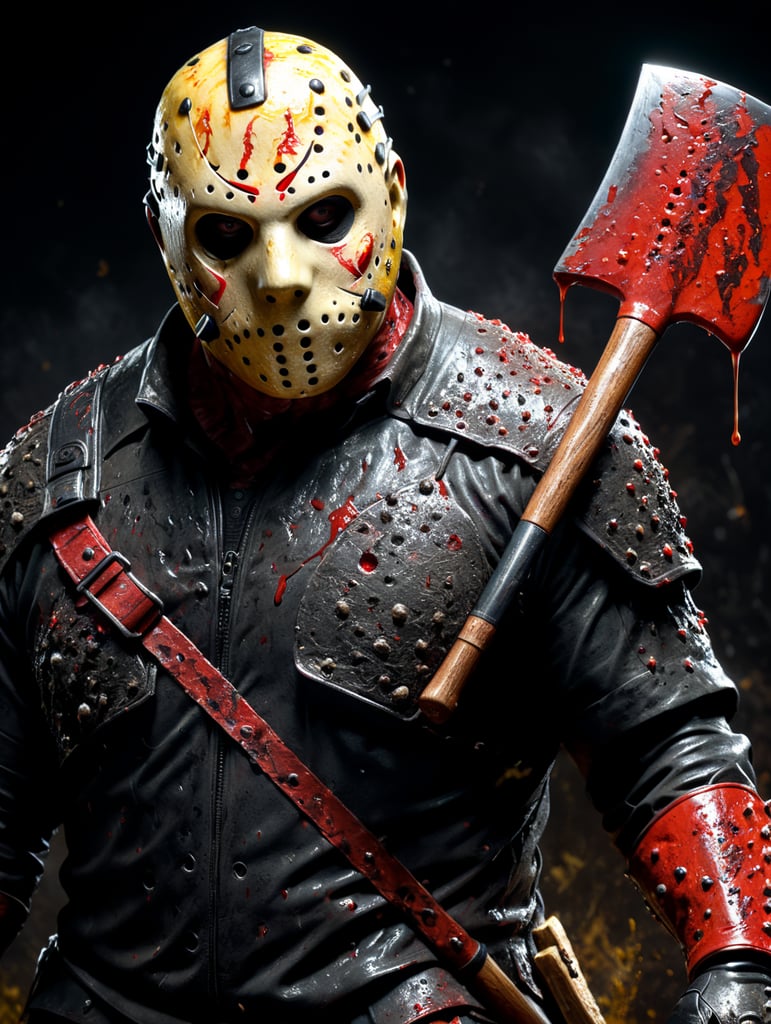 jason voorhees character made of butter, melted, with an axe in his hand, everything butter color, red and black, darkness, fear