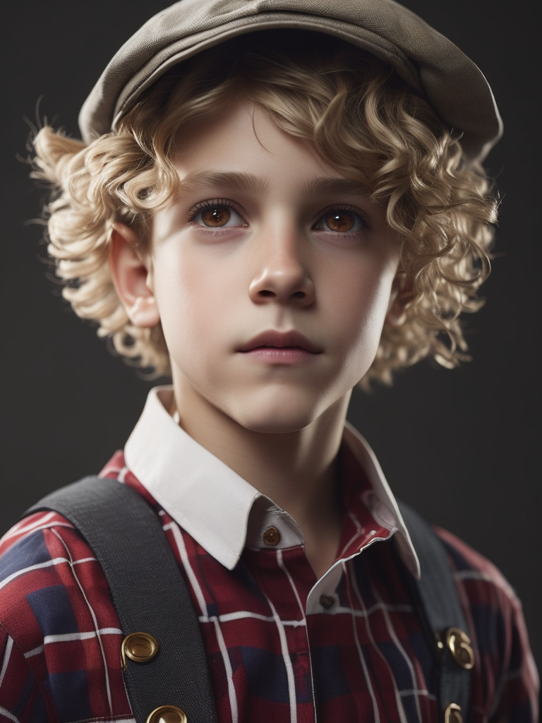 Young boy wearing a newsboys flat cap, curly blonde hair, deep amber eyes, overalls, red and white plaid button up shirt, hyper realistic, photorealism,