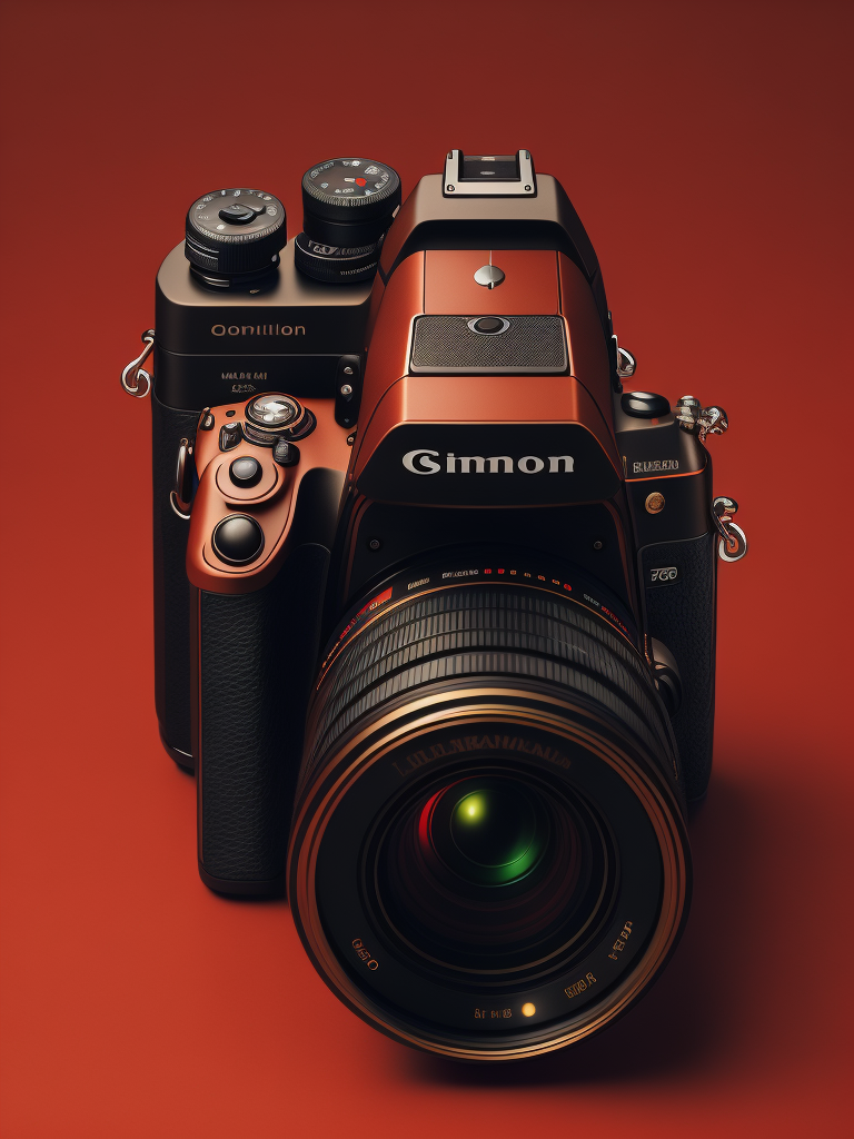 Red background, side view product photography of a camera designed by dieter rams, circular lens, minimal design, hasselblad, nikon, canon, fuji, leica, studio light, ultra realistic, ultra detailed, small labels, super intricate design, intricate detail, Object in the center of the image