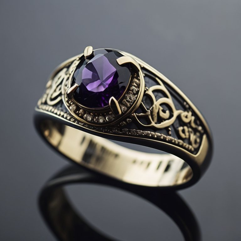 Золотое кольцо с руандийским аметистом в готическом стиле, отделка мелкими черными бриллиантами