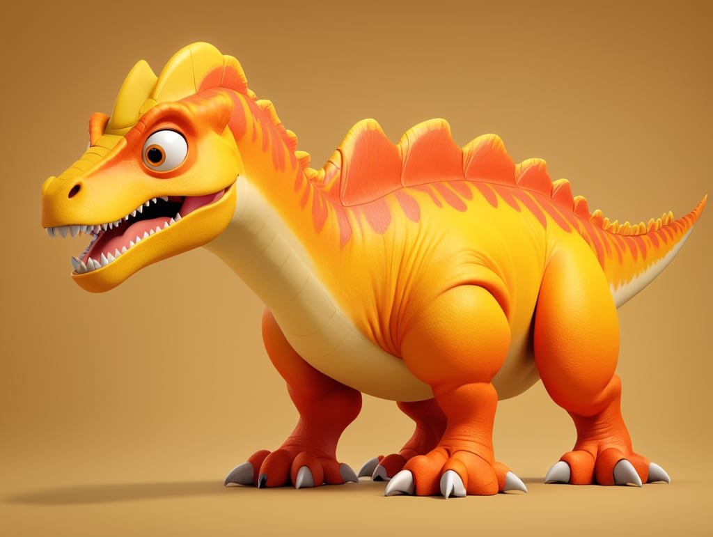 A yellow and orange cartoon Tyrannosaurus rex from the front