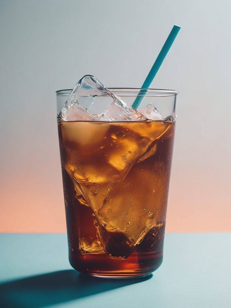 Glass with cold brew coffee and ice and a straw, pink-blue background, sharp on details