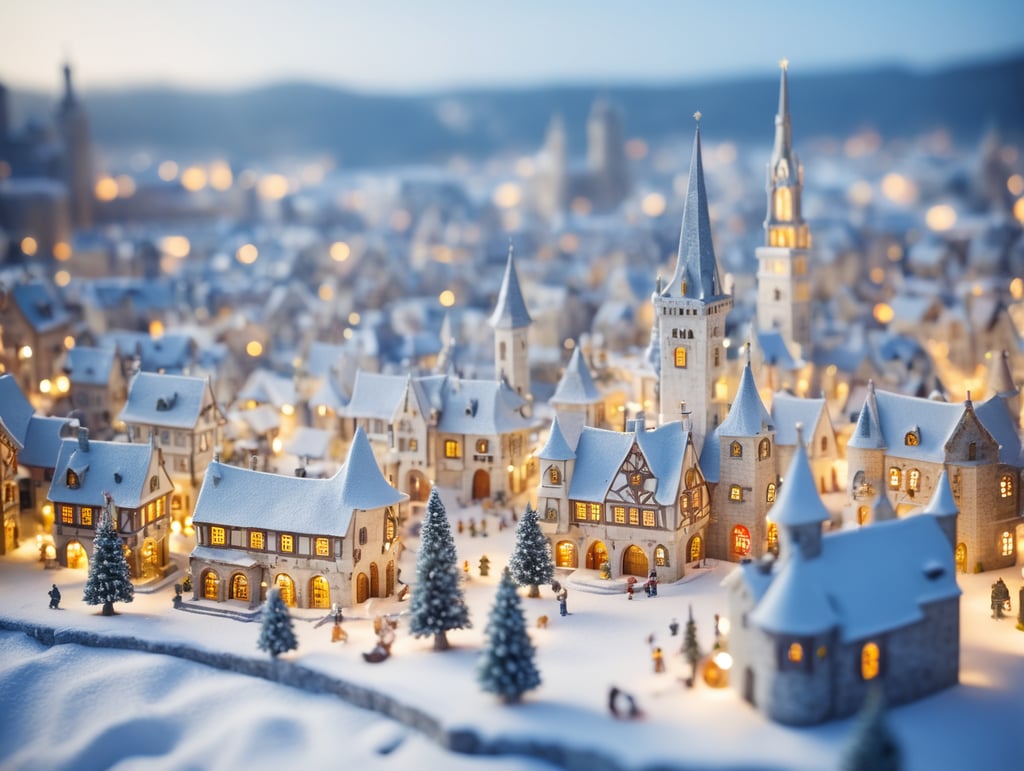 tilt shift photography of a Christmas medieval fantasy miniature city, depth of view, sunny, at night, snowy weather
