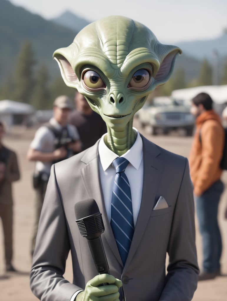 a funny looking alien news reporter thats reporting live from the scene with a microphone in its hand looking straight at camera