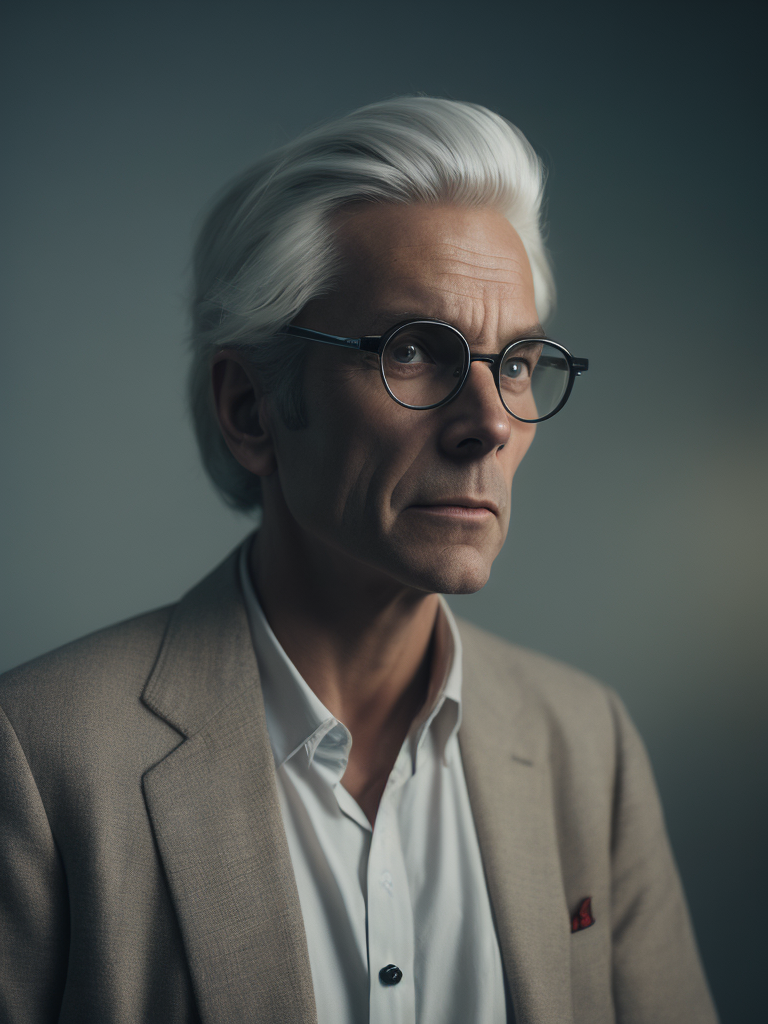 Portrait of an American man in a light suit with white hair wearing glasses with black thick rims, portrait in the style of advertising 50s, red background, sharp focus, highly detailed, vintage advertising, retro style