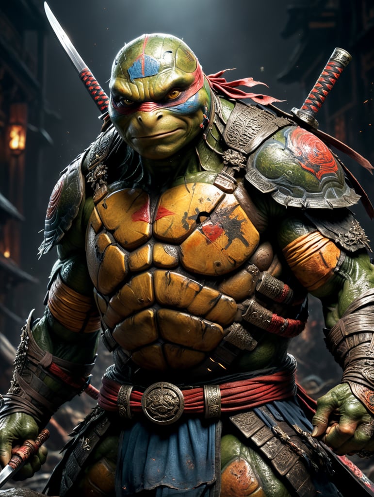 Ripped ninja turtle with samurai swords in hands