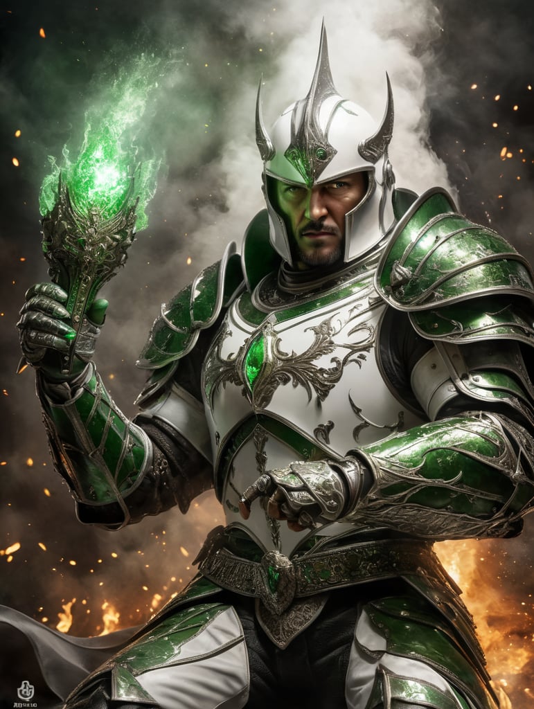 Sorcerer in white and green leather armor releasing a blast of dark energy from his hand