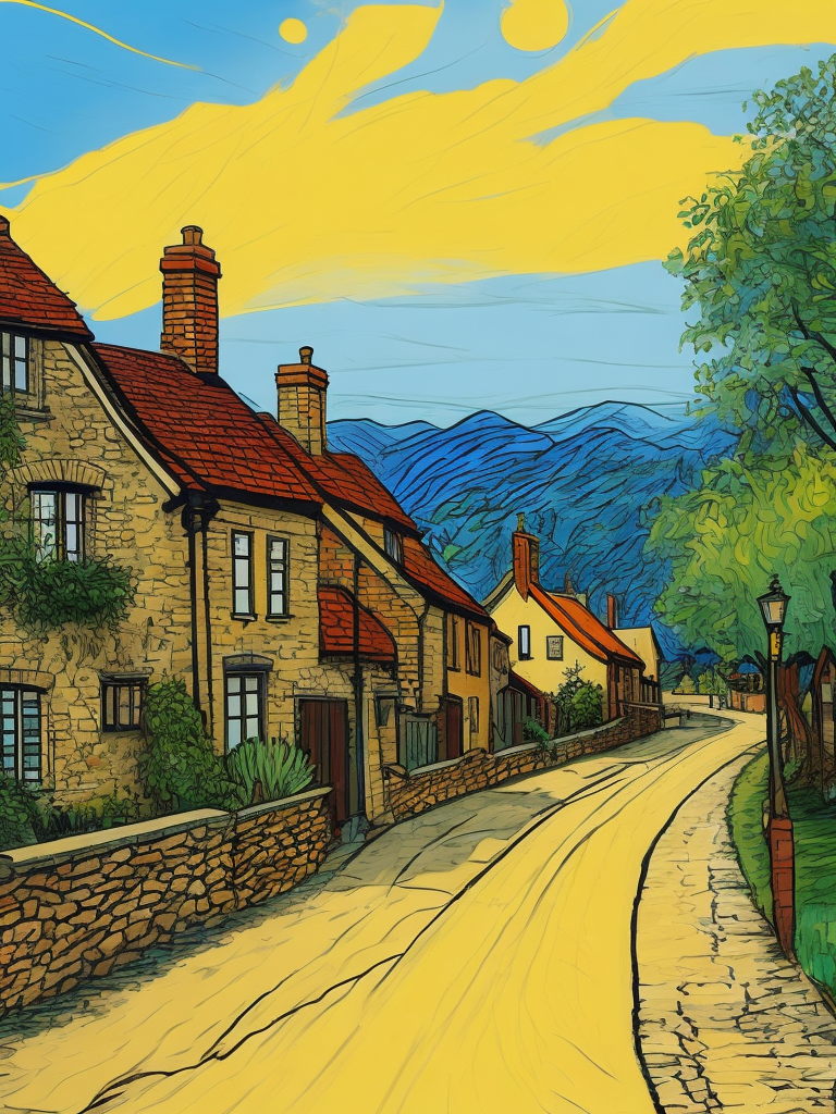 Color line drawing of an english village, van gogh style painting