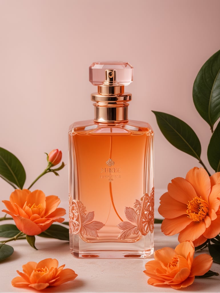 Pink and orange floral background, Minimalist perfume bottle, snake