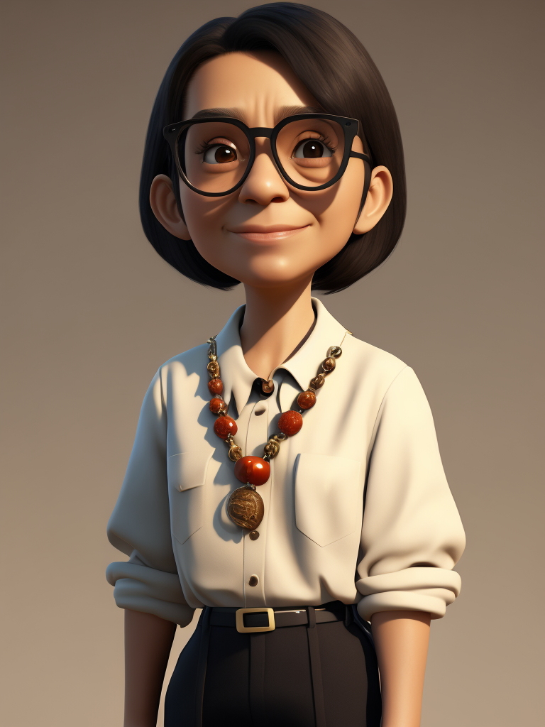 grandpa, black hair, Brown eyes, glasses and necklace, Full body, standing centered, Pixar style, 3d style, disney style, 8k, Beautiful, Pixar style girl with black hair brown eyes glasses and necklace