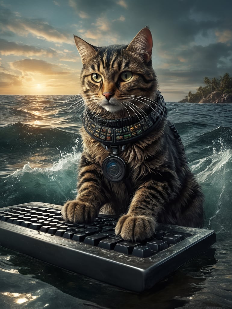 Cat holding a computer keyboard in the ocean