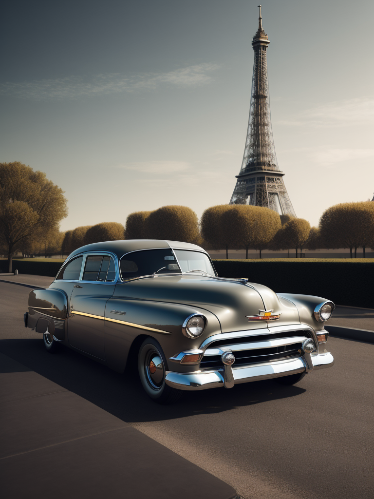 1952 Gray Chevrolet, with the Eiffel Tower in the background, surrealistic, landscape, muted tones