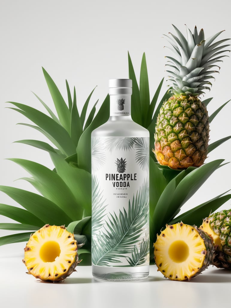 Packaging and branding for a pineapple vodka brand as if it had been designed by HI ESTUDIO with In a set design with pineapple, pineapple leaves.