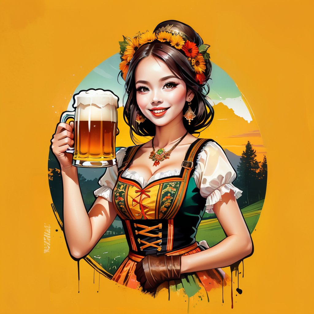 Poster Art for Oktober Fest in German countryside, girl and guy dressed in tracht and drinking beer, new angle