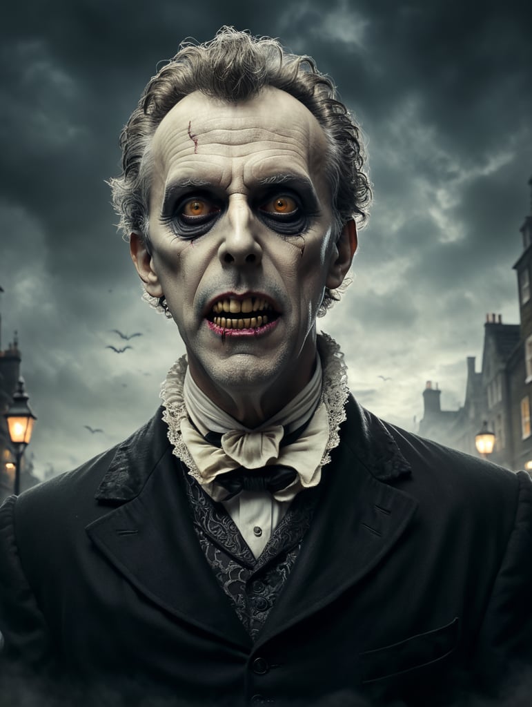 By Tim Burton, spooky Halloween eve, use reference image embodying a grotesque Victorian gentleman ghost, haunted London streets, surreal horror, Halloween charm, cinematic photography, action shoot, movement, epic, high definition