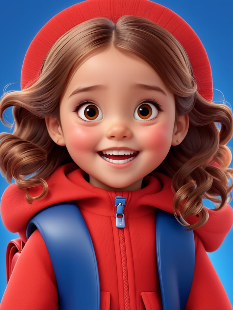 photo happy little girl going to travel, cute girl, dressed in all red, blue background, harpers bizarre, cover, headshot, hyper realistic