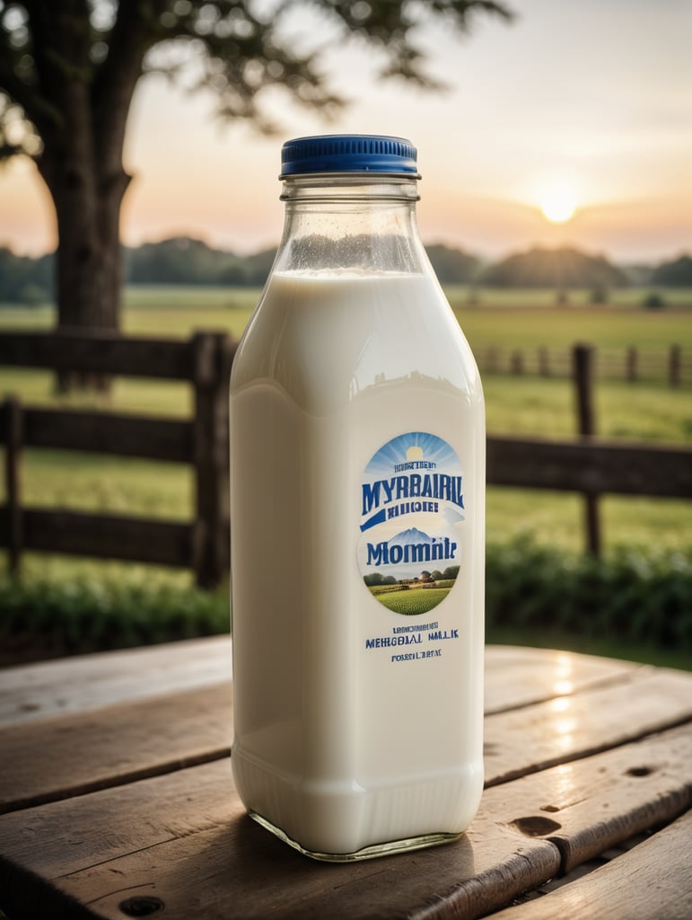 A mockup of a square bottle of milk, early morning, farm blurred background