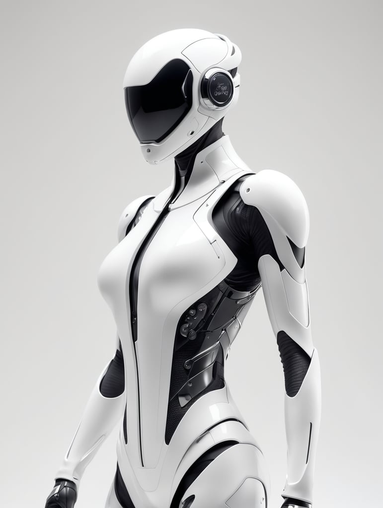 An ultrarealistic photograph of a minimalist futuristic full body power suit, without lights, made of black mate metal and polymer, full crystal hull, for a fit woman, imposing, modern minimalism, elegant, dystopia, mysterious, godlike, scary, in a dark room, 8k