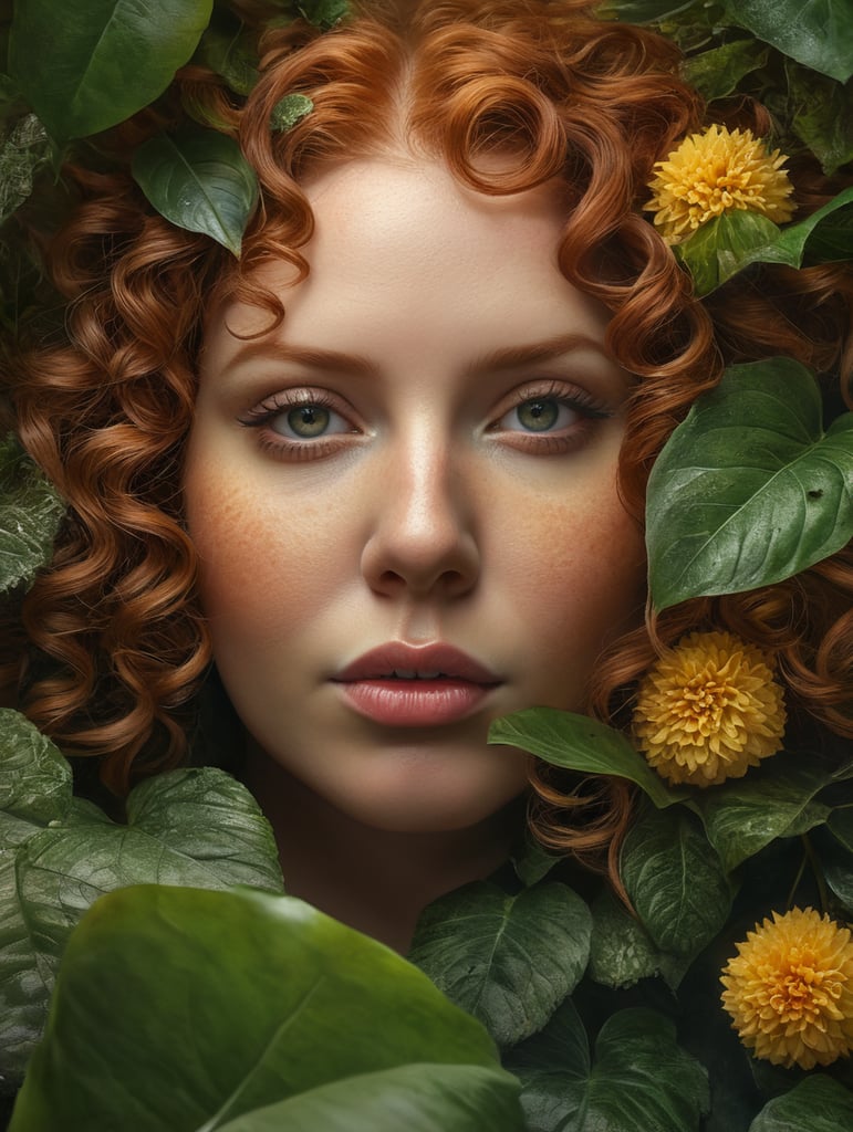 close up of a beautiful overweight redhead woman with very curly hair hiding behind lush jungle leaves and many flowers with leaves covering her whole face only her eyes and lips can be seen