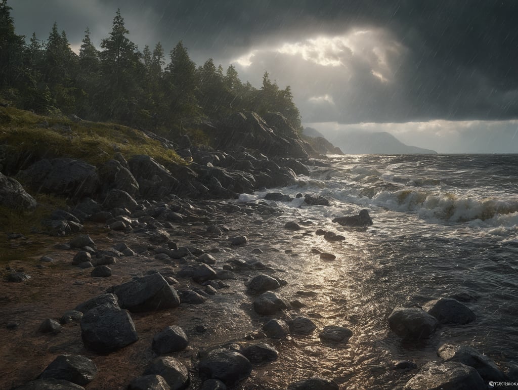Harsh storm, rain, coast, nordic, low sun, dramatic, photo-realistic, intricate details, cinematic lighting, close up rain drops, 8K, hdr, octane render