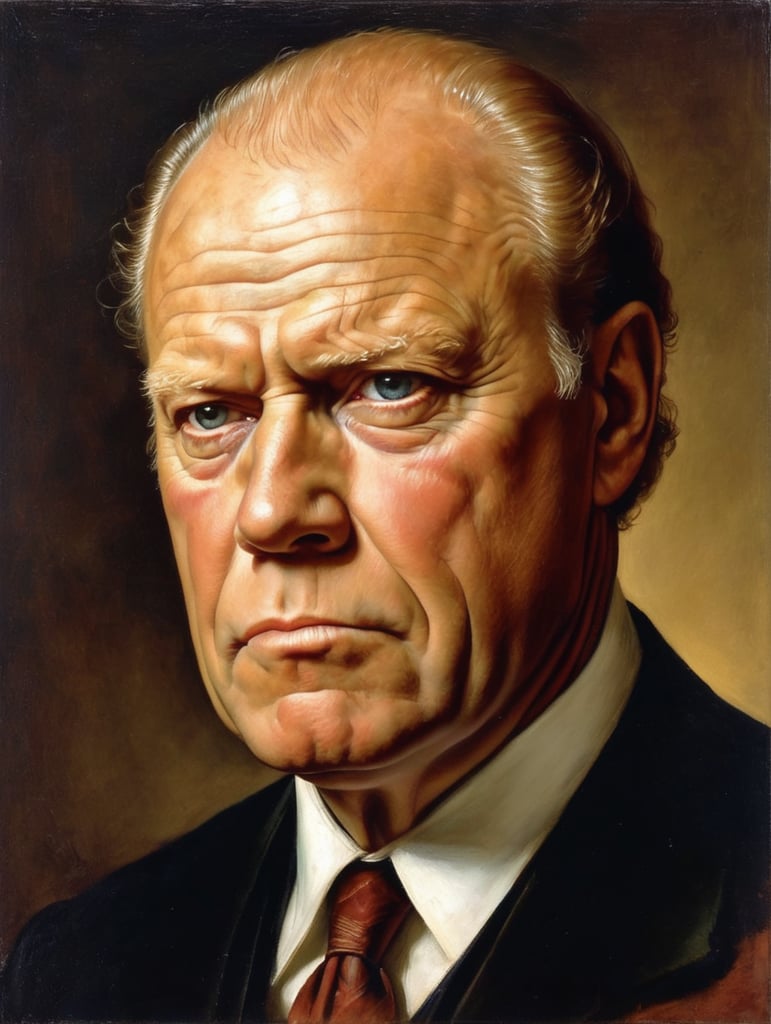 Portrait of Gerald Ford by Rembrandt Harmenszoon van Rijn, sad face, America, so sorry