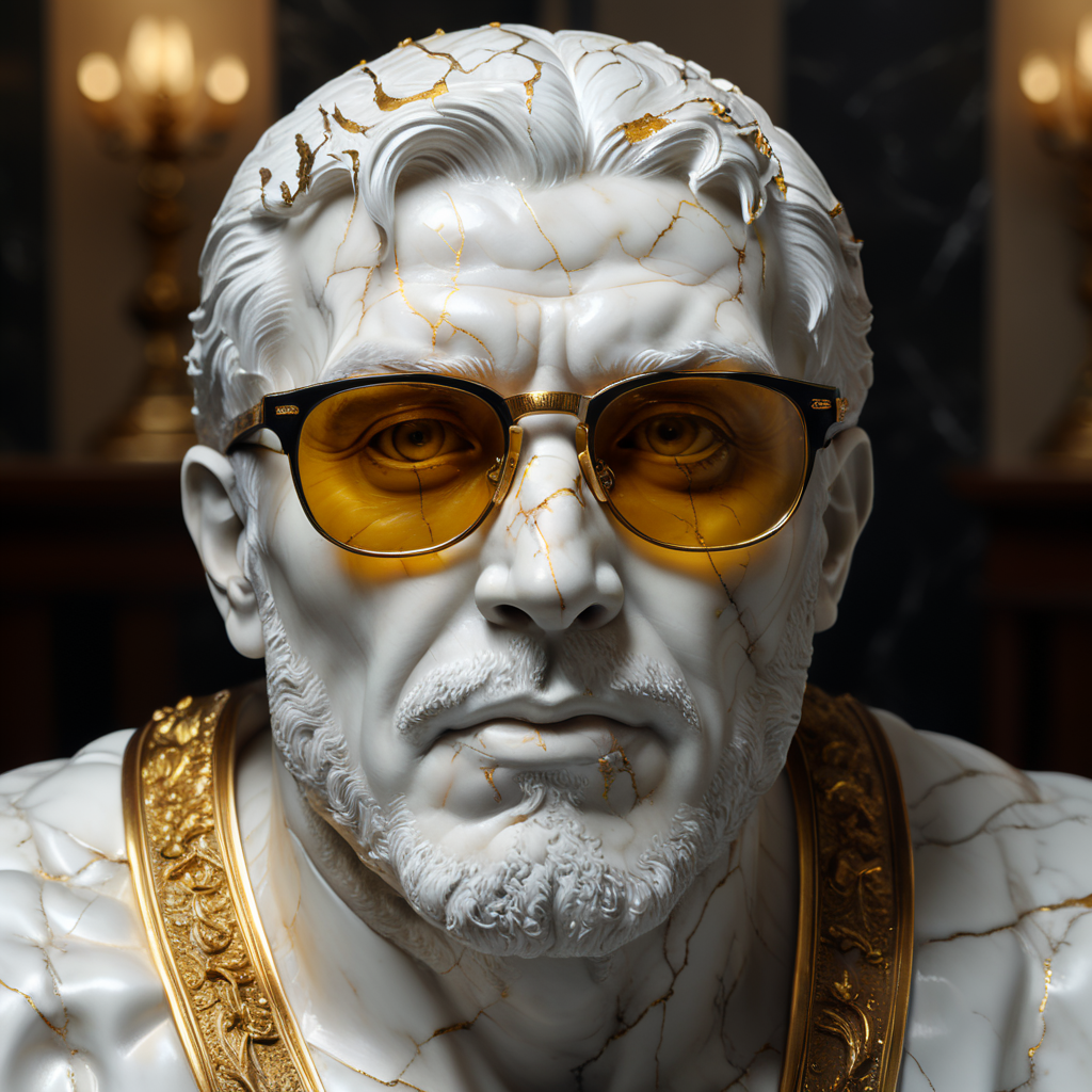 cracked marble sculpture of mans head with glasses, use face from uploaded photo, sculpture on the table, cracked white marble with gold and dark gold, studio lighting, professional photo, soft background, art classical reference