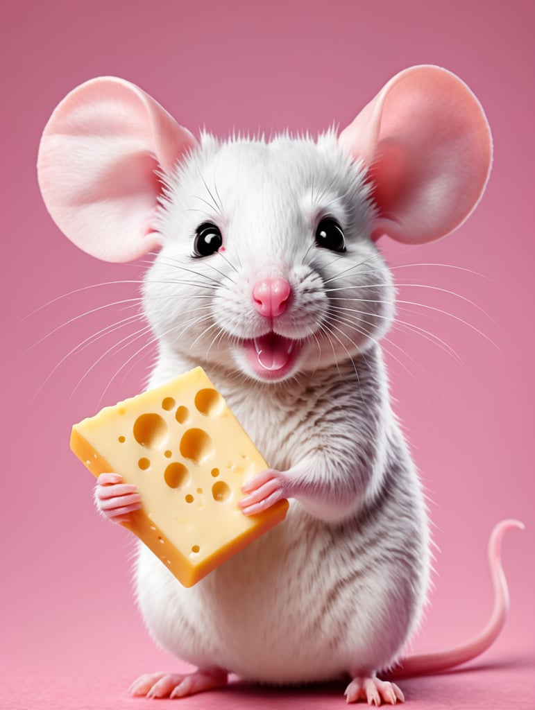 cute pink rat holding a cheese