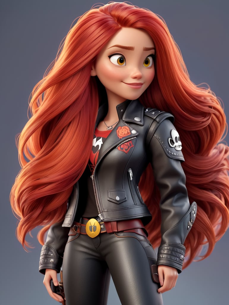 Woman with very long red hair wearing a leather motorcycle vest in 3D Disney Pixar style