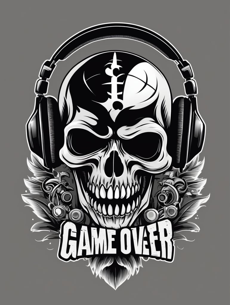 Black and white game over Skull Gaming Logo, vector illustration, vintage dead head or skull of gamer in headphones, vector image