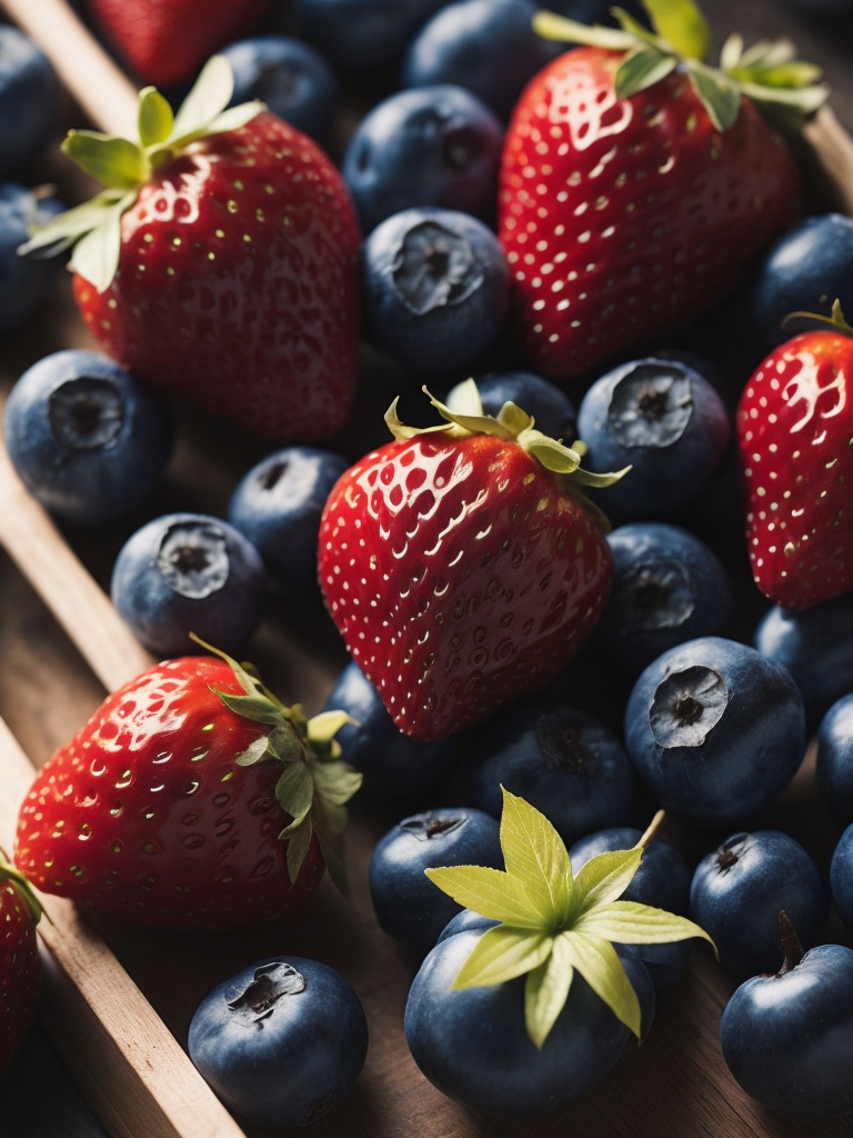 земляника, черника нанизаны на соломинке, солнце