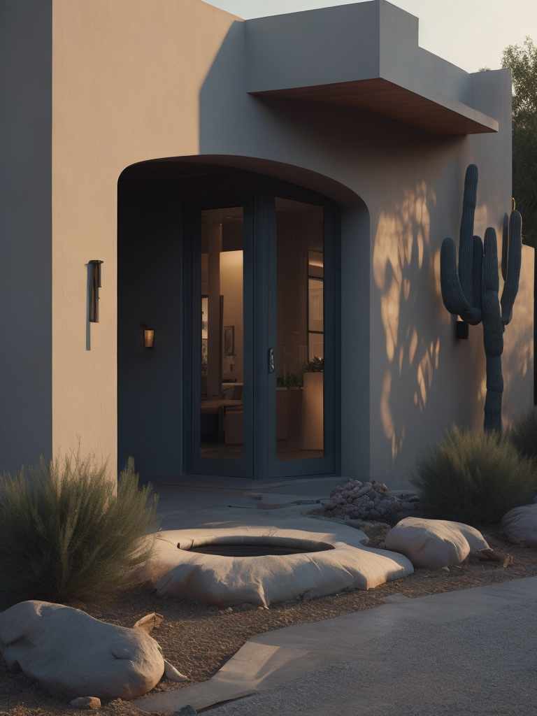 An architectural rendering of a minimal, geometric, curved, sculptural, stucco textured, tan desert abode, sand and clay facade with small carved window openings, wood accents, arched glass door opening, cactus, tumble weed, artificial lighting, desert landscaping, outdoor camp fire, located in Arizona during twilight, hazy horizon