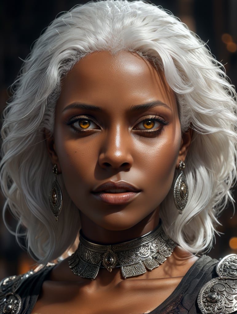 A dark-skinned black woman with white hair and dark-colored eyes