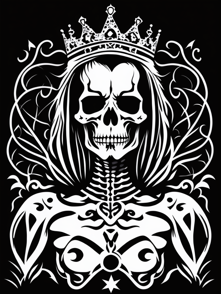 A vector art of a queen skeleton tattoo, black and white