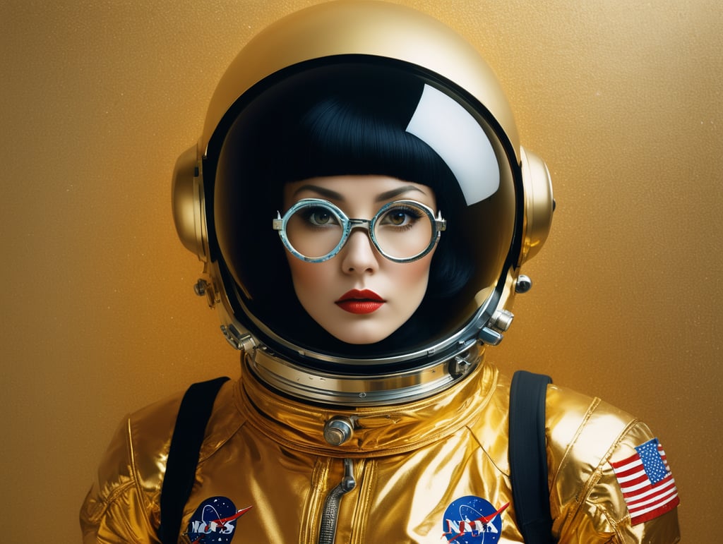 In 1998, abstract fashion photography captured a 1960s astronaut woman in a gold spacesuit with a large helmet and glasses. The art, created by Victor Moscoso and Bridget Riley, used Kodak Ektar 100 film. Carne Griffiths added a touch of magic with fluid art, while artists like Conrad Roset, Ilya Kuvshinov, Mark Fielding, and Zwy Studio emphasized high lights in the eyes. Sergio Lopez and Natalie Shau also contributed to the artwork.