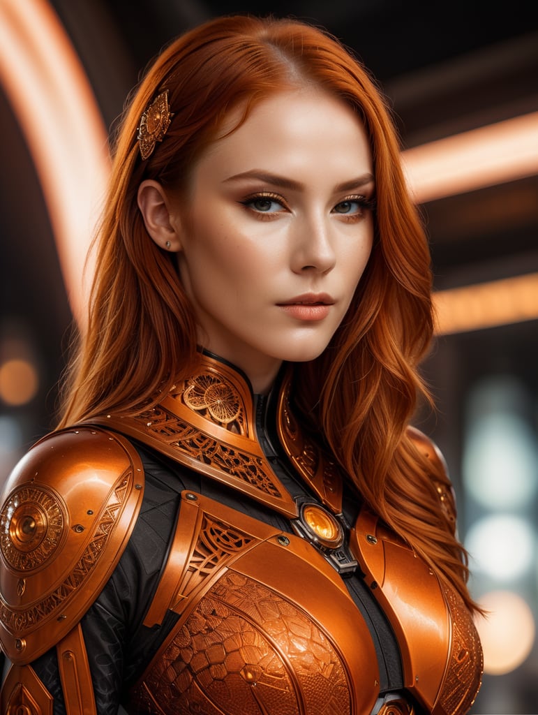 A beautiful redhead female artist all orange sleek futuristic outfit, with intricate patterns, details, design, clean makeup, with depth of field, fantastical edgy and regal themed outfit, captured in vivid colors, embodying the essence of fantasy, minimalist, film grain