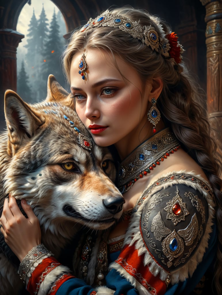 Portrait of a Beautiful women from Russian fairytale wearing traditional costume hugging a wolf