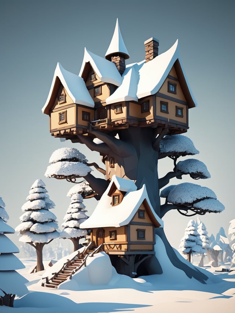 Dwarves' house on a branching tree, a lot of snow, low poly style