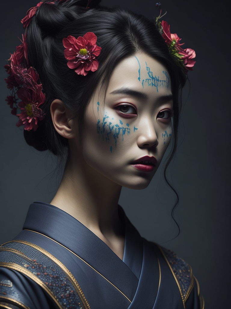 Portrait art of undead geisha, detailed, intricate, full of colour, cinematic lighting, focused, extreme details, cinematic, masterpiece