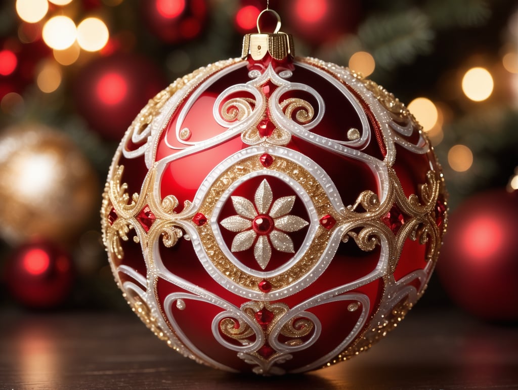 (Gold,RED,White)Christmas transparent ball scissor inside!Vintage, sharp focus, highly detailed, Dark gradient background, Muted colors