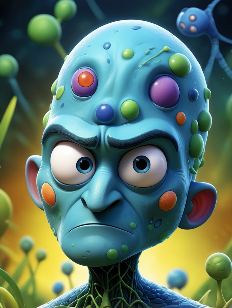 Generate a highly detailed and scientifically accurate illustration of Last Universal Common Ancestor, biology, Illustration, dna cell, abstract, morphological form, drawn facial features. Make sure that the illustration accurately depicts the structure of the cell. The final image should reflect the intricate and delicate nature of this essential cellular structure, adhering to current scientific knowledge and visual standards for accuracy